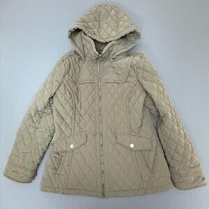 London Fog Quilted Hooded Jacket Coat Khaki Tan Full Zip Women’s Size L